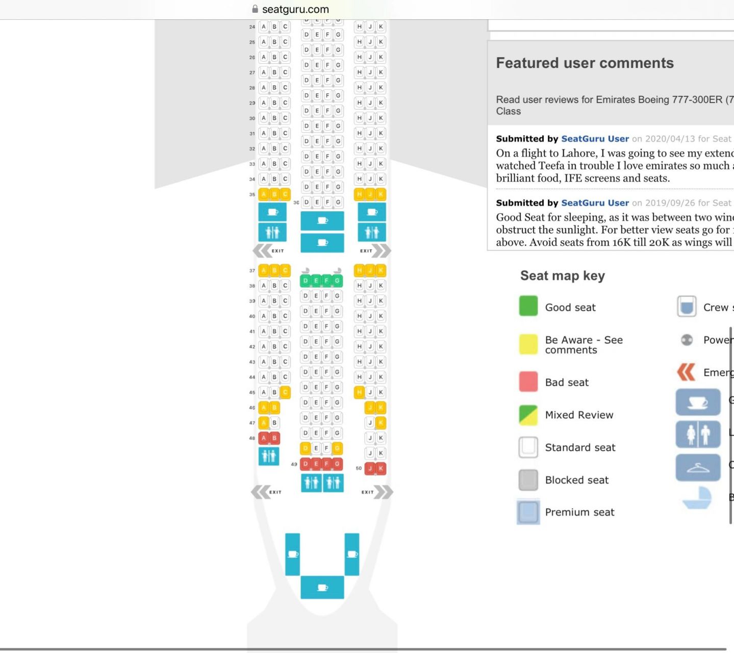 分享【迪拜飞纽卡】波音777-300er座位图 具体可以查看seatguru网站