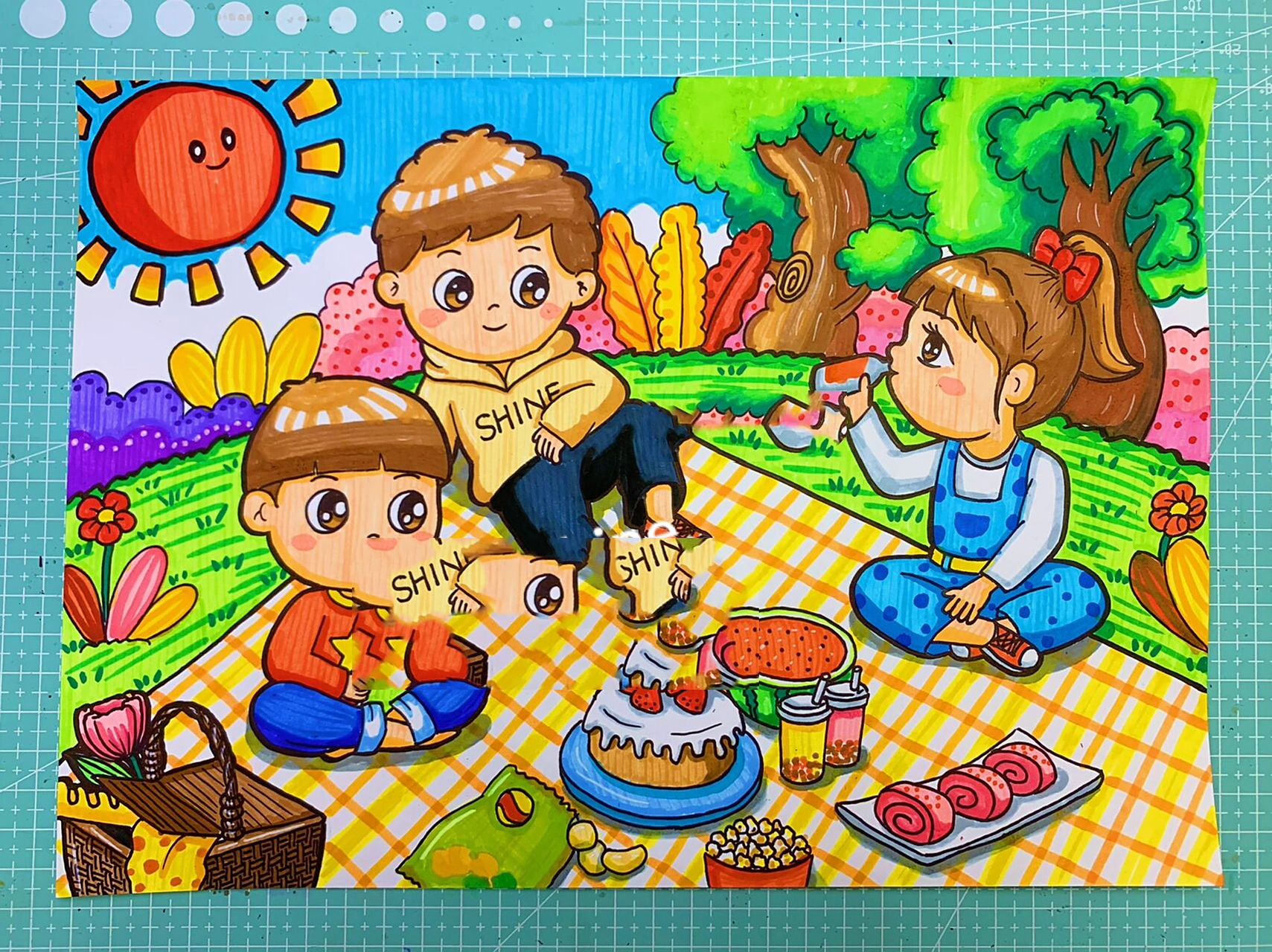 野餐主题画 一起去野餐|春游|快乐的假期|我和我的好朋友 一起去郊游