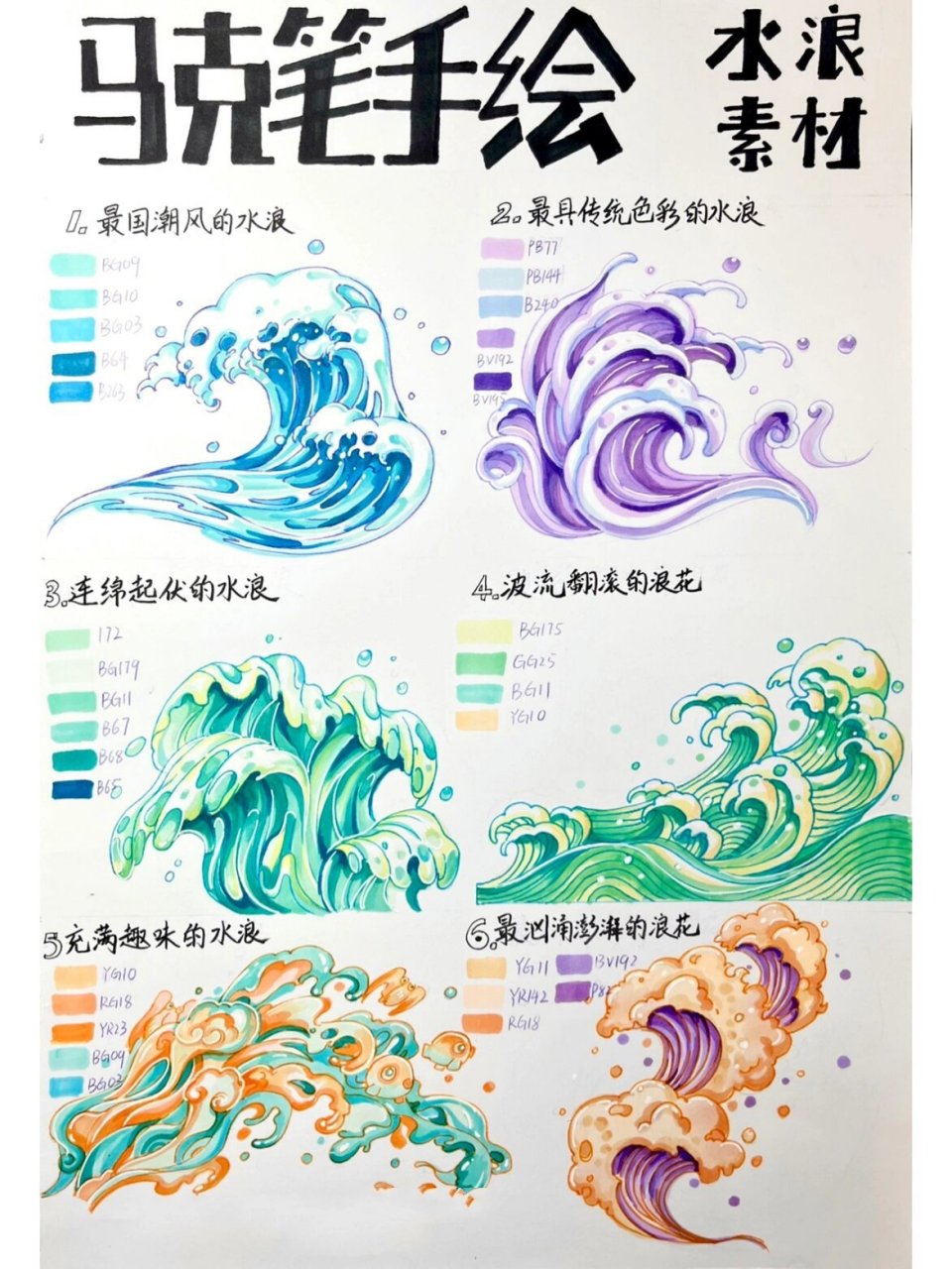 马克笔手绘—超实用万能水纹海浪素材附线稿 完整视频版可以评论区扣1