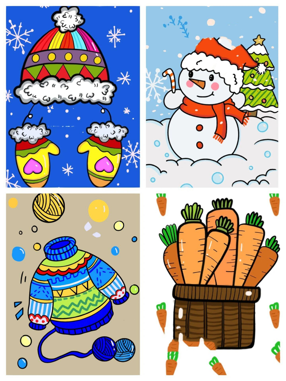 冬天合集 儿童画(附有线稿) 简单好看儿童画 毛衣～帽子～手套～雪人