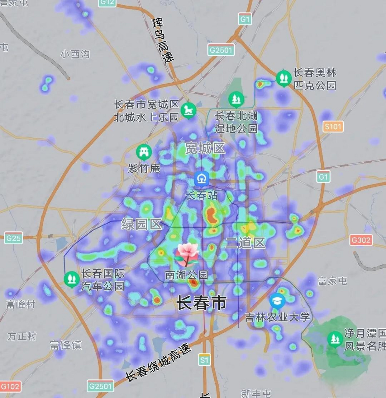 今天晚上22:24分沈阳,长春,哈尔滨热力图对比.