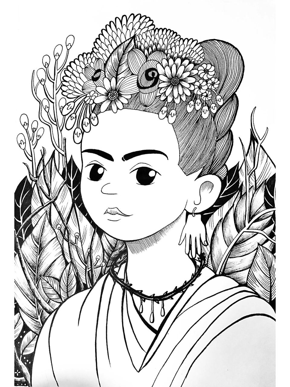 9-10岁创意美术名画转线描《弗里达自画像》 《弗里达自画像》弗里达