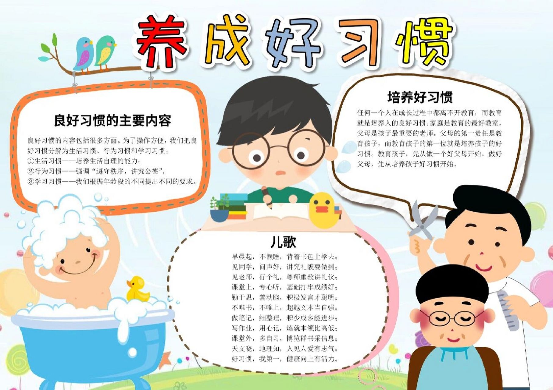 d173好习惯电子小报模板手抄报模板,黑白线稿图片,彩色有字word好习惯