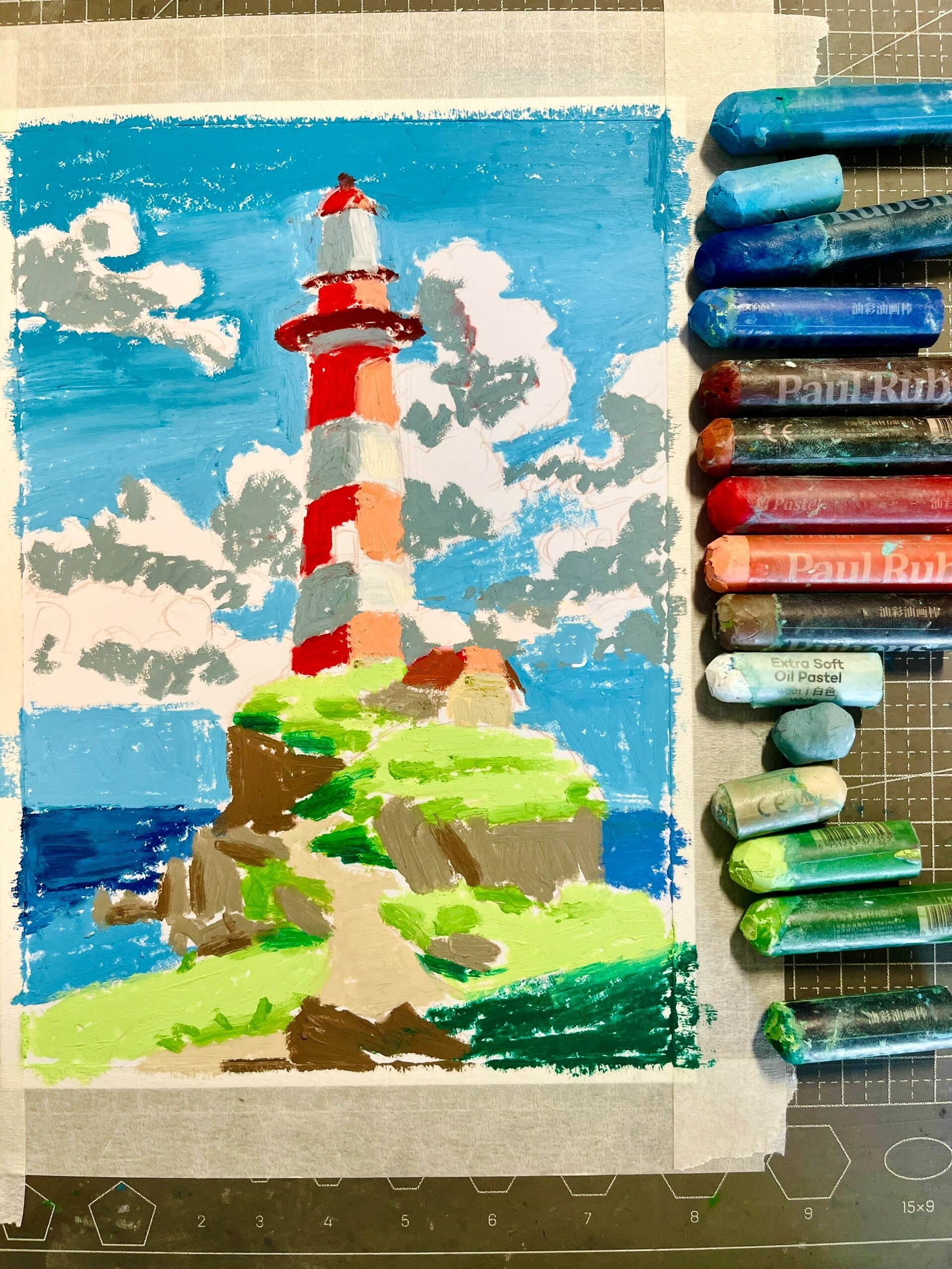 油画棒|悬崖上的灯塔(附过程图)no.253