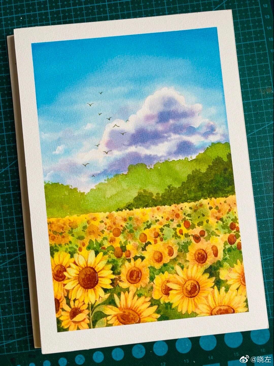 梦幻水彩 向日葵花田