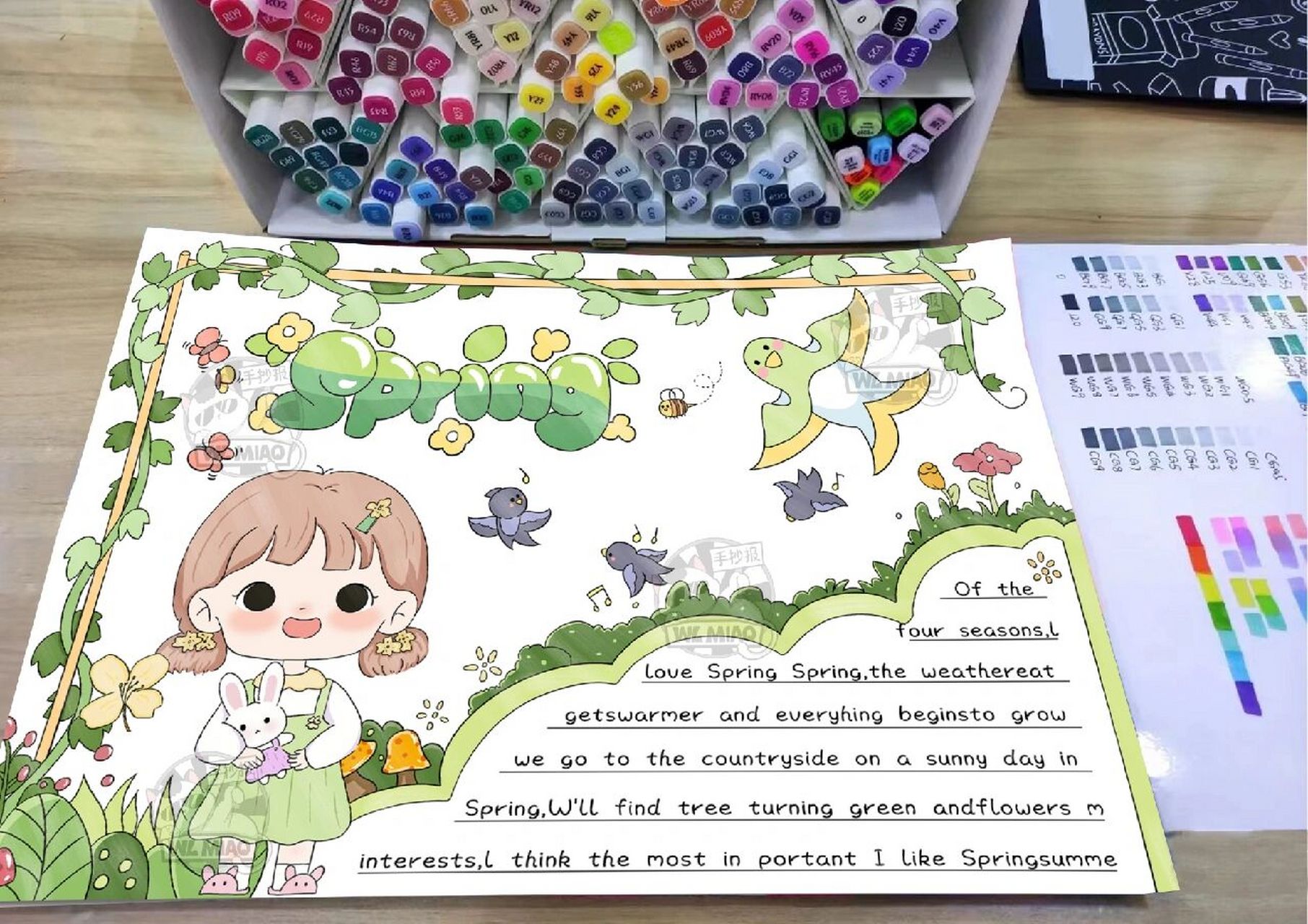 【春天英文】手抄报模板03 95春天来临,一款超可爱的手抄报模板