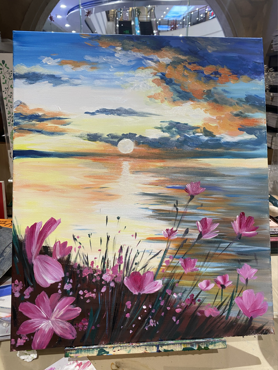 油画风景77步骤 颜料用的丙烯颜料 先铺背景颜色 拿到一幅画先画离