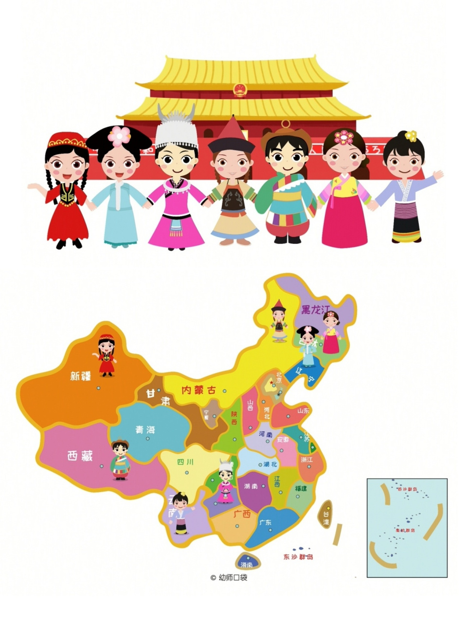 56个民族是一家,民族大团结7493打印 小小简介①名族卡通版合照
