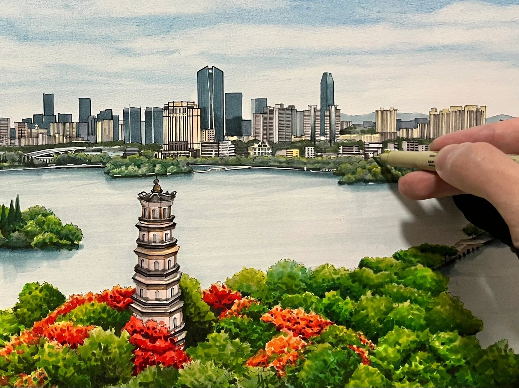 【惠州西湖】马克笔城市建筑手绘 一年前画过一张同样的场景,这一年没