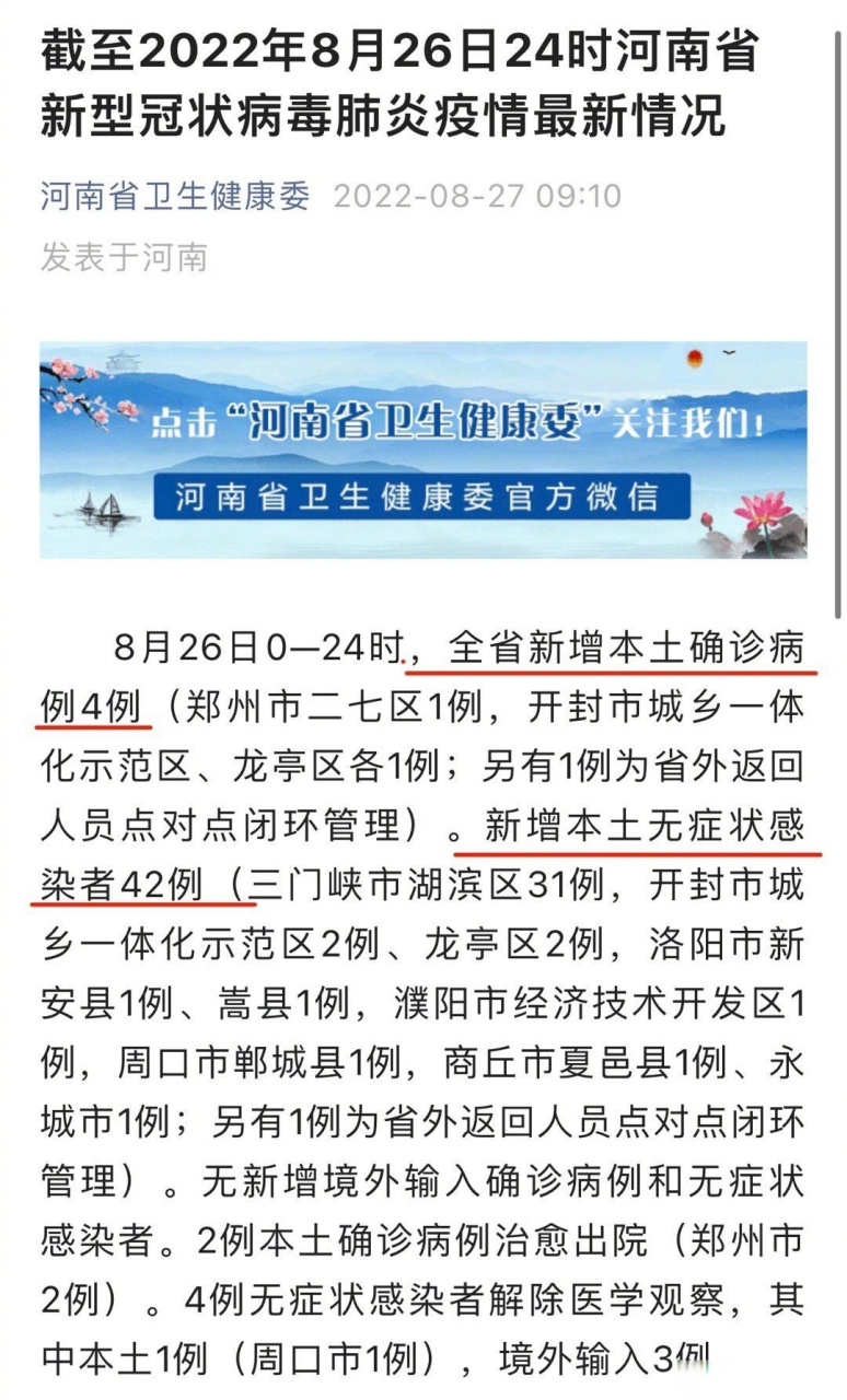 【#河南新增4例本土确诊42例无症状#】8月26日0—24时,全省新增本土