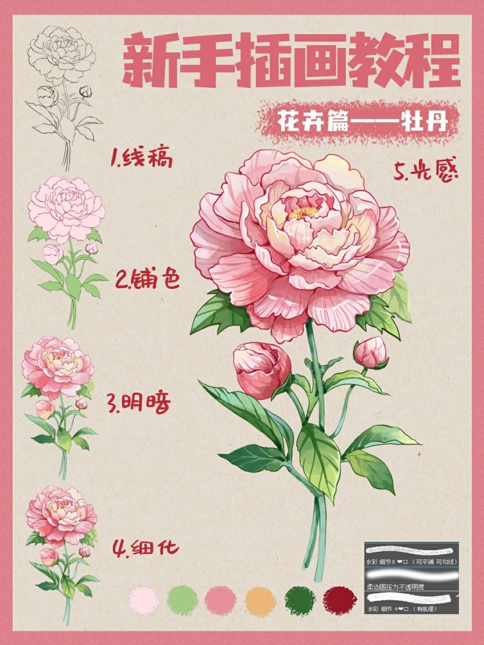 新手插画教程Ⅱ教你画牡丹花 今天画牡丹——国色天香 96绘画工具