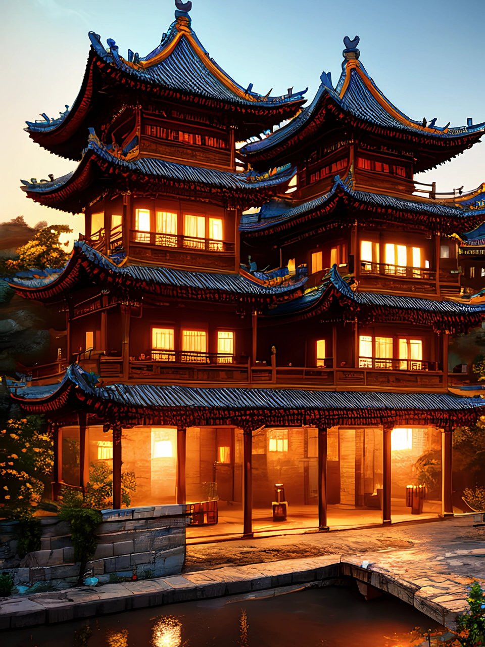 古风插画16山水阁楼夕阳傍晚下的灯光