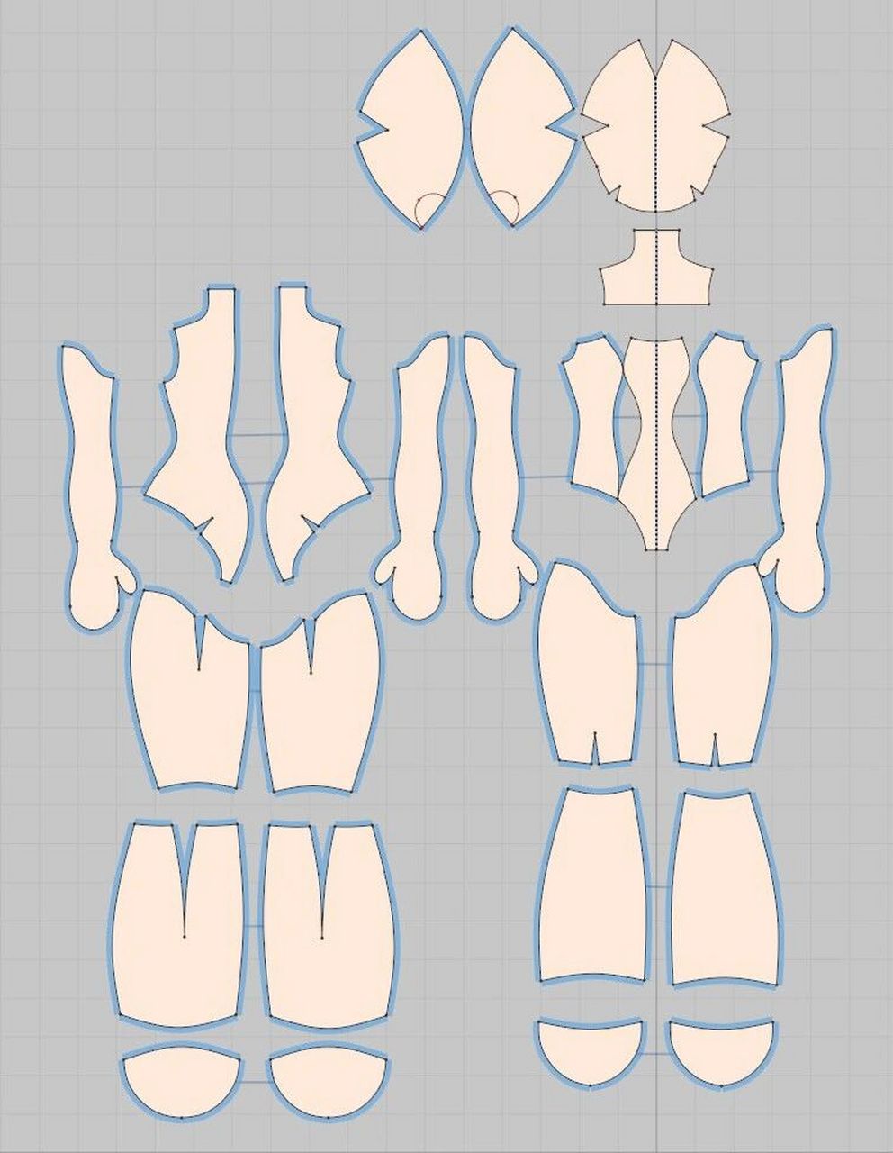 娃娃素体附赠图纸 1草稿图,2模拟效果,3所有纸样摆放数量,4567可以a4