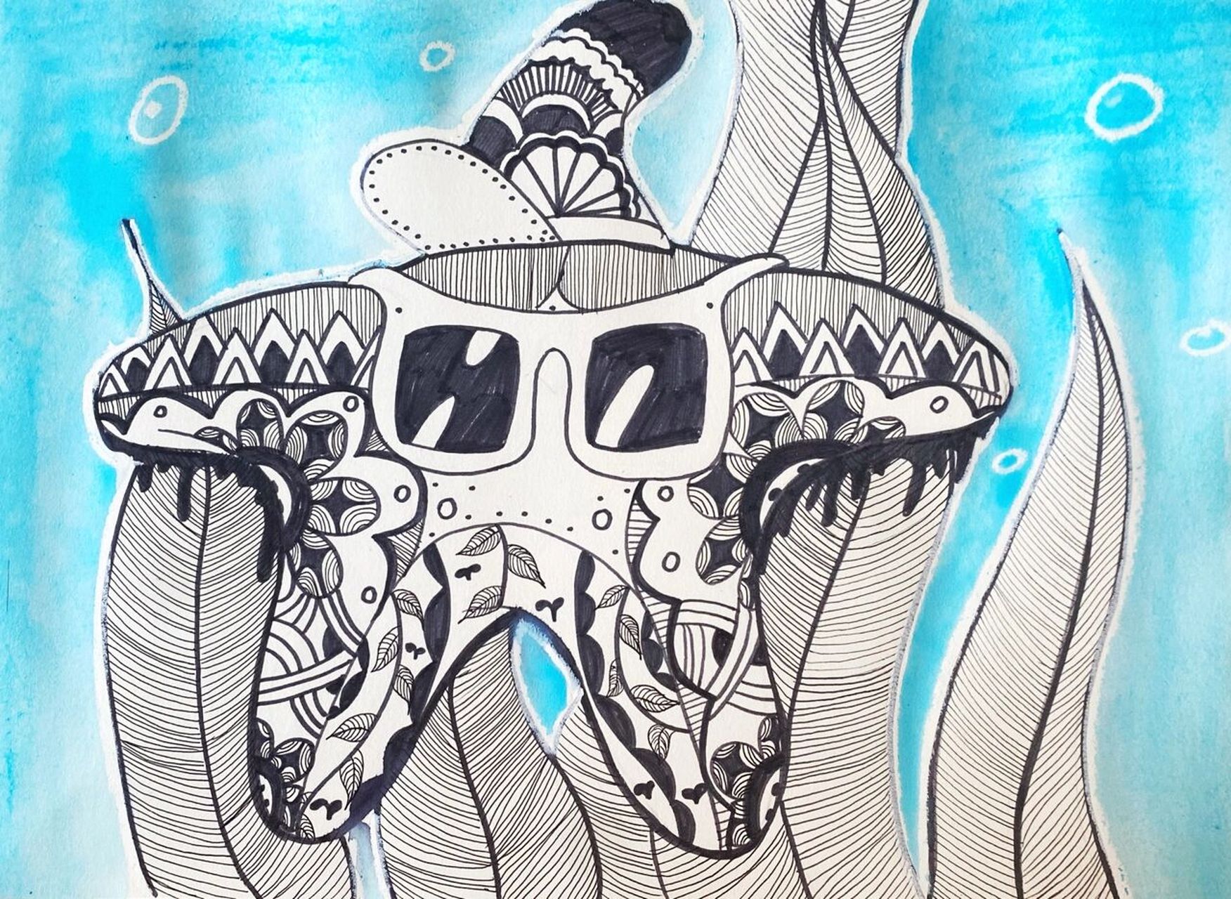 线描 海星 #儿童画# #线描##水粉# 水粉与勾线笔结合画面 适合五岁