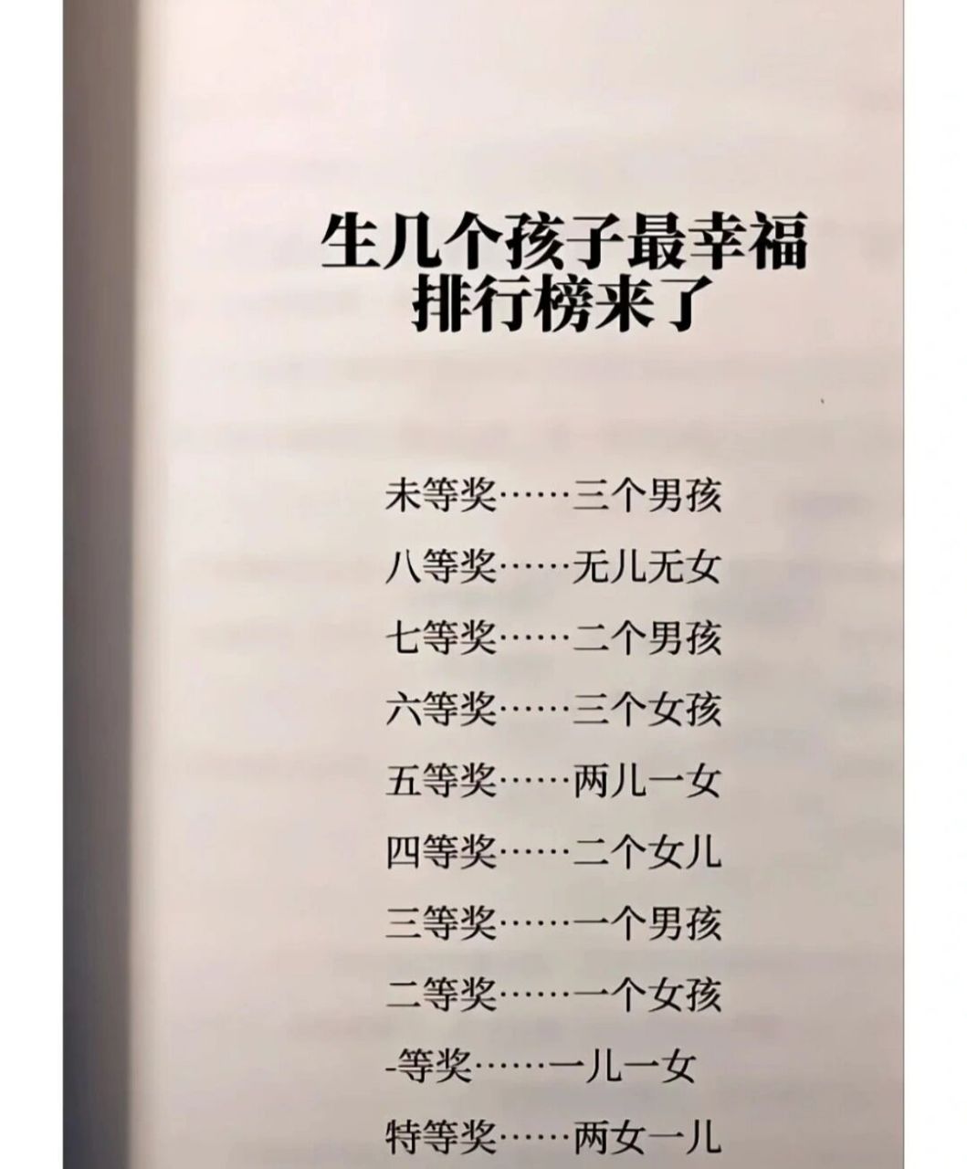 一家生几个孩子最幸福? 末等奖,3个男孩. 八等奖,无儿无女.