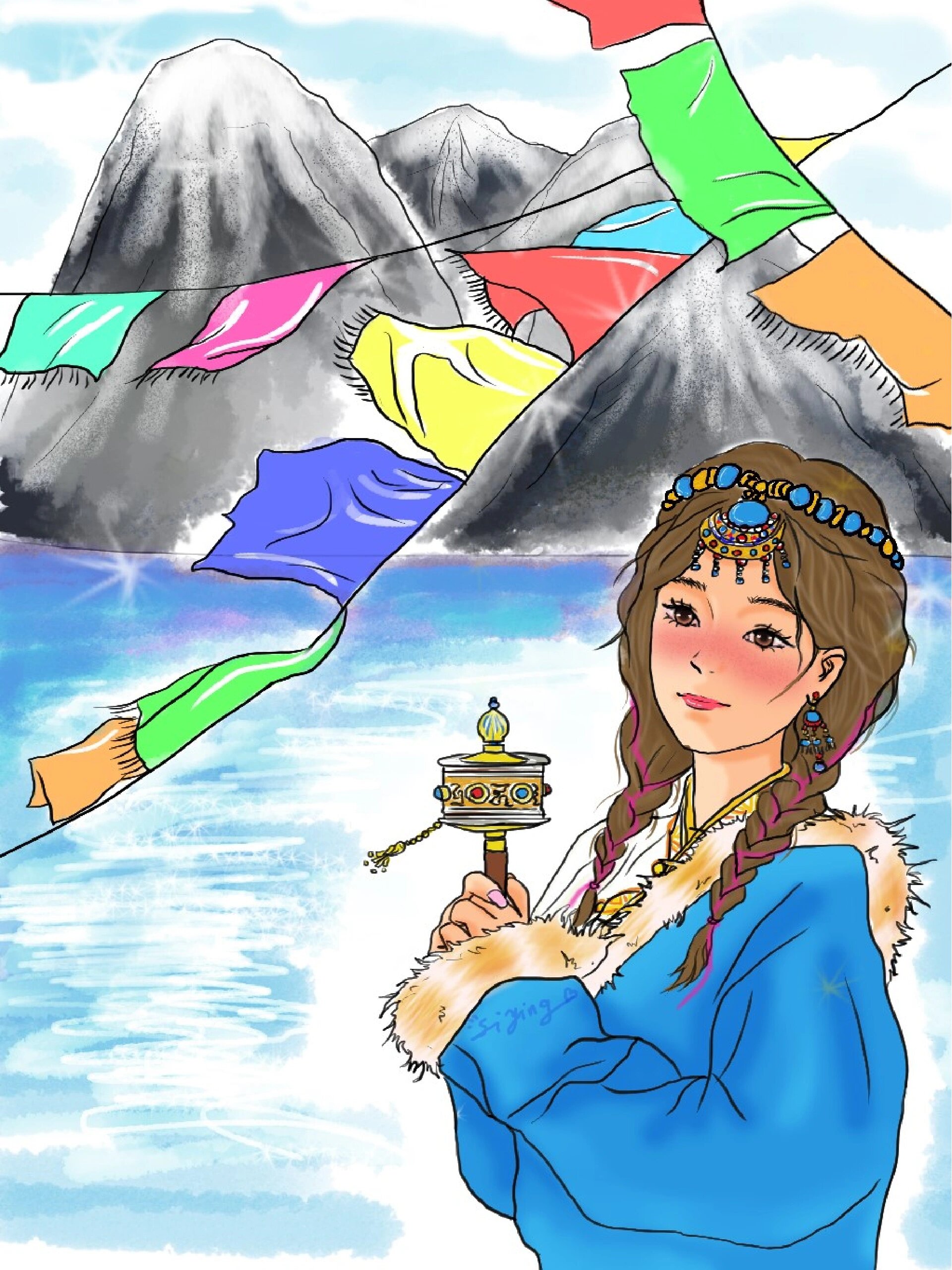 祈祷的少女 神山之下,经幡飘扬,转经筒旋转,心中默念的是想挣脱世俗的