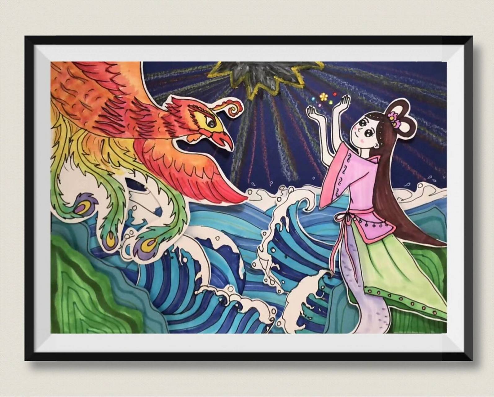 儿童创意画《女娲补天》 女娲补天,需要工具,深蓝色8k卡纸(背景),绿色