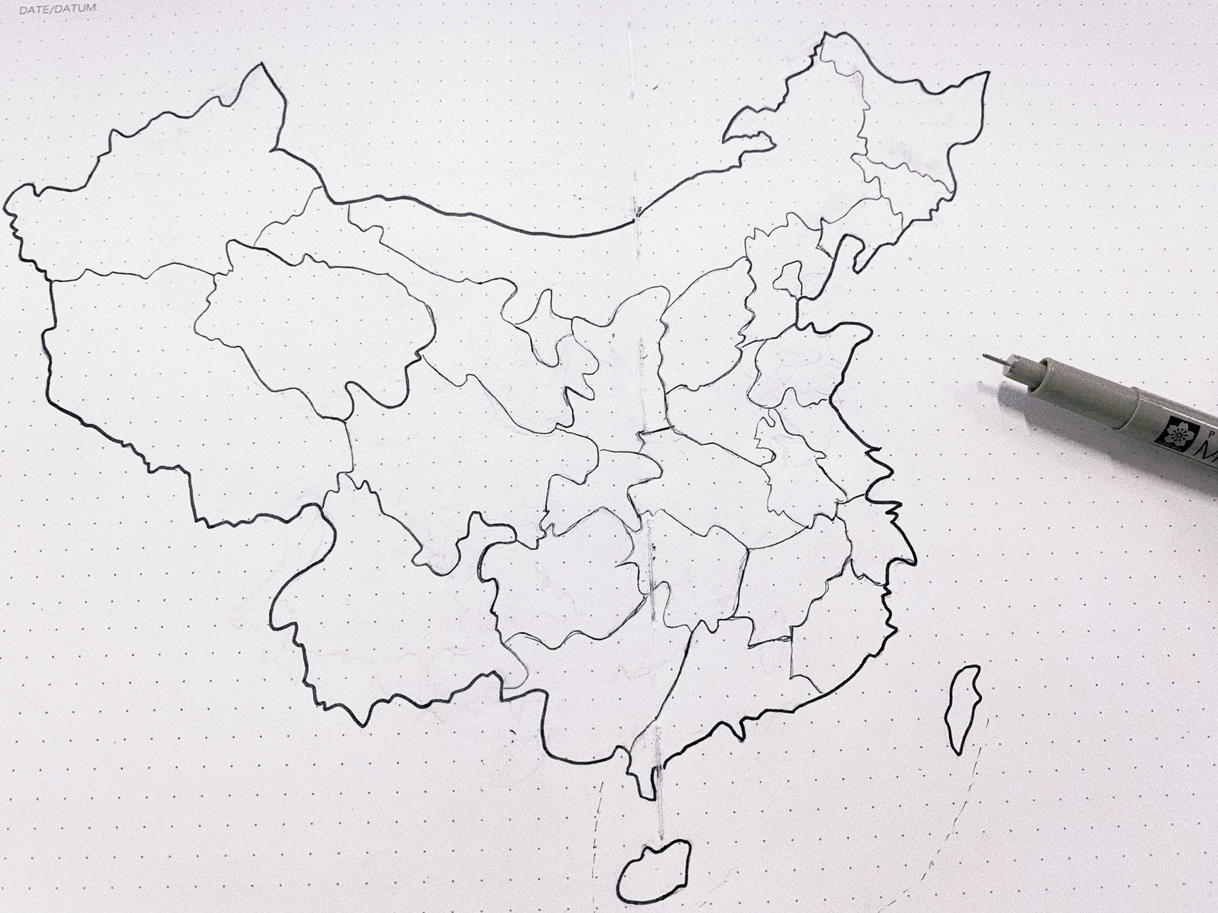 手绘大中国地图 步骤16615用铅笔先勾划出外圈轮廓,再勾划各省市