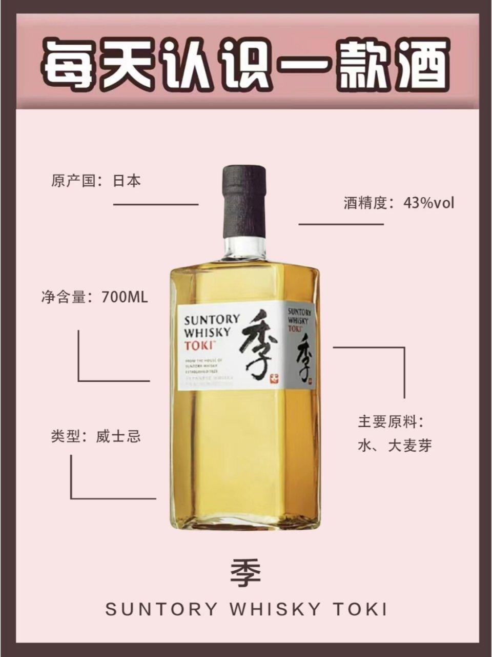 2017年,三得利推出了一款全新调和威士忌toki,写作"季",专供北美地区.