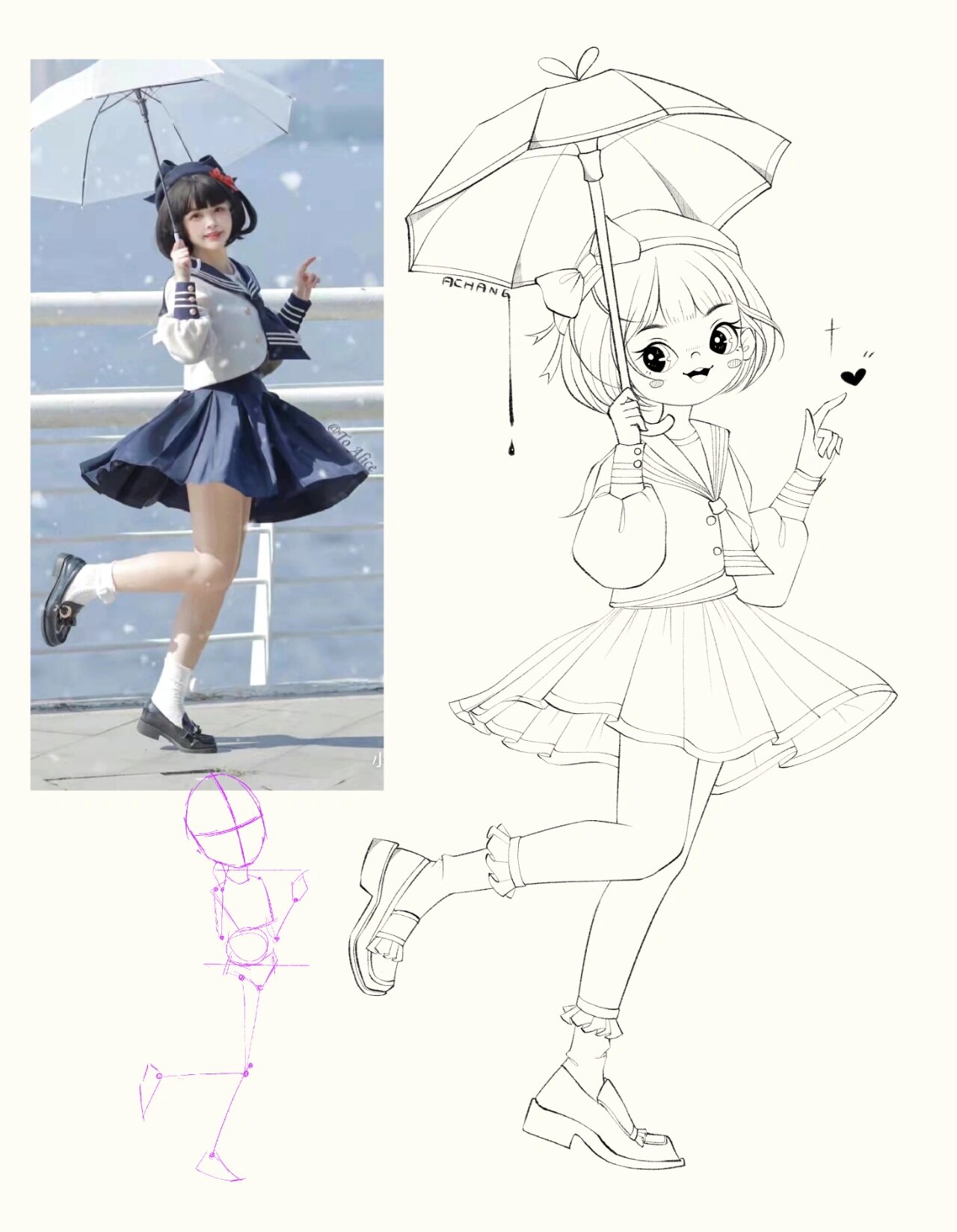 女生全身人物光影线稿照片转手绘