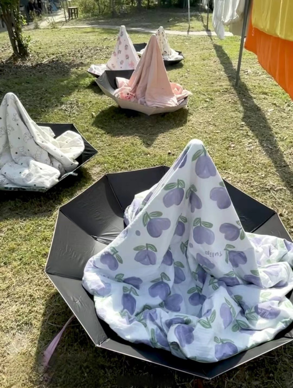 【#当代大学生是懂晒被子的#】 "雨伞 被子"合体技?这个晒被子方法还