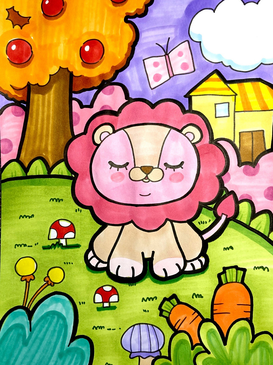 狮子儿童画 狮子王卡通手绘 简笔画动物背景 美术宝 可爱的狮子 贪睡