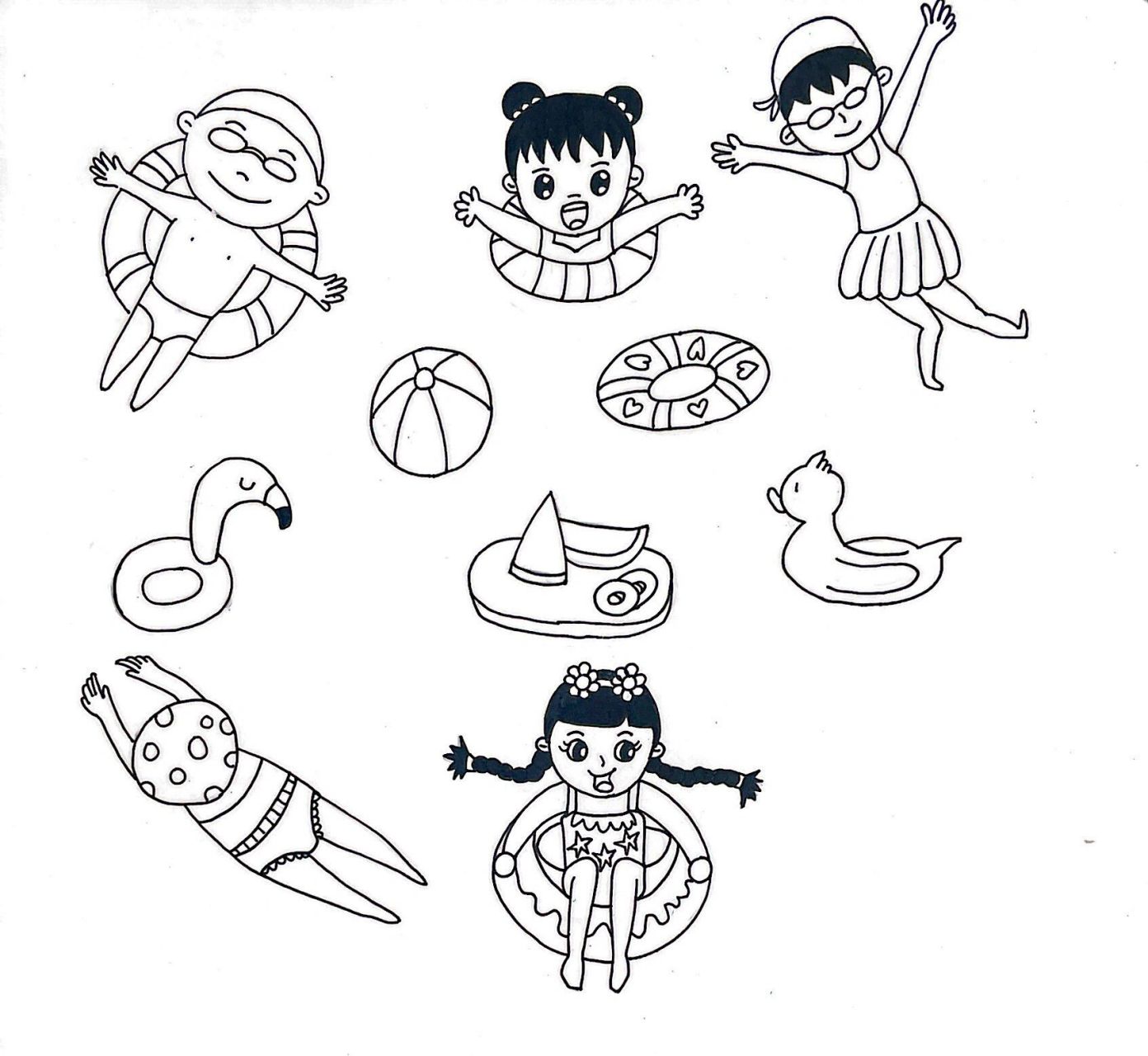 夏日泳池派对创意儿童画美术手工素材暑假 96材料准备:白卡纸2张8k