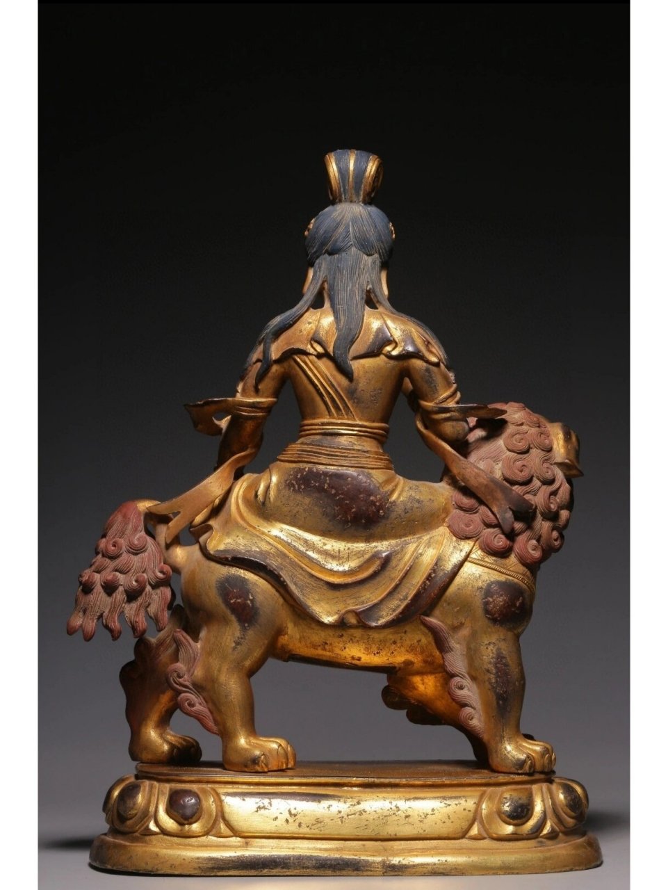 骑狮子观音像05 清 铜鎏金完美开脸观音佛造像 开门清代老佛像,皮壳