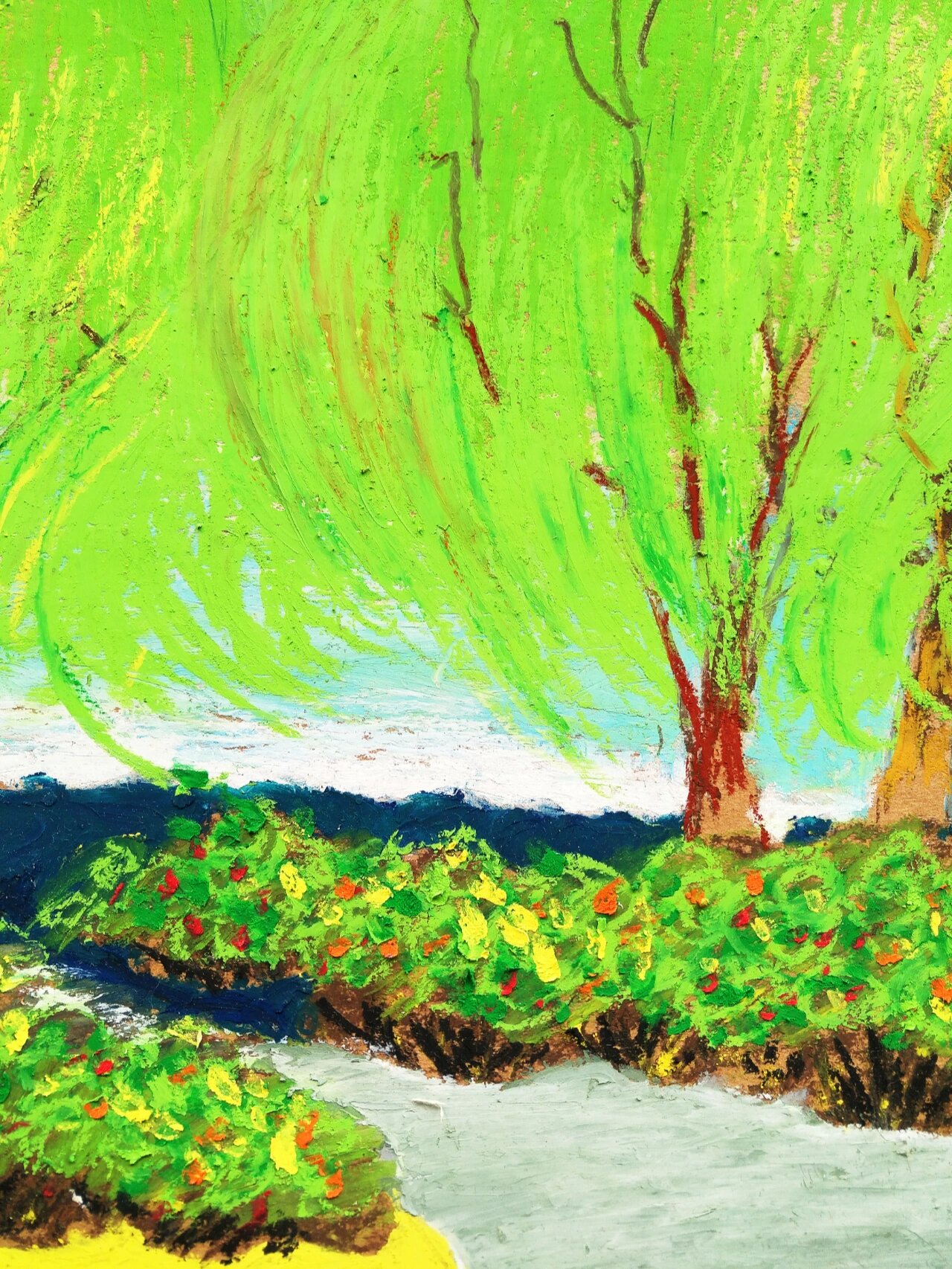 超好看的油画棒风景柳树