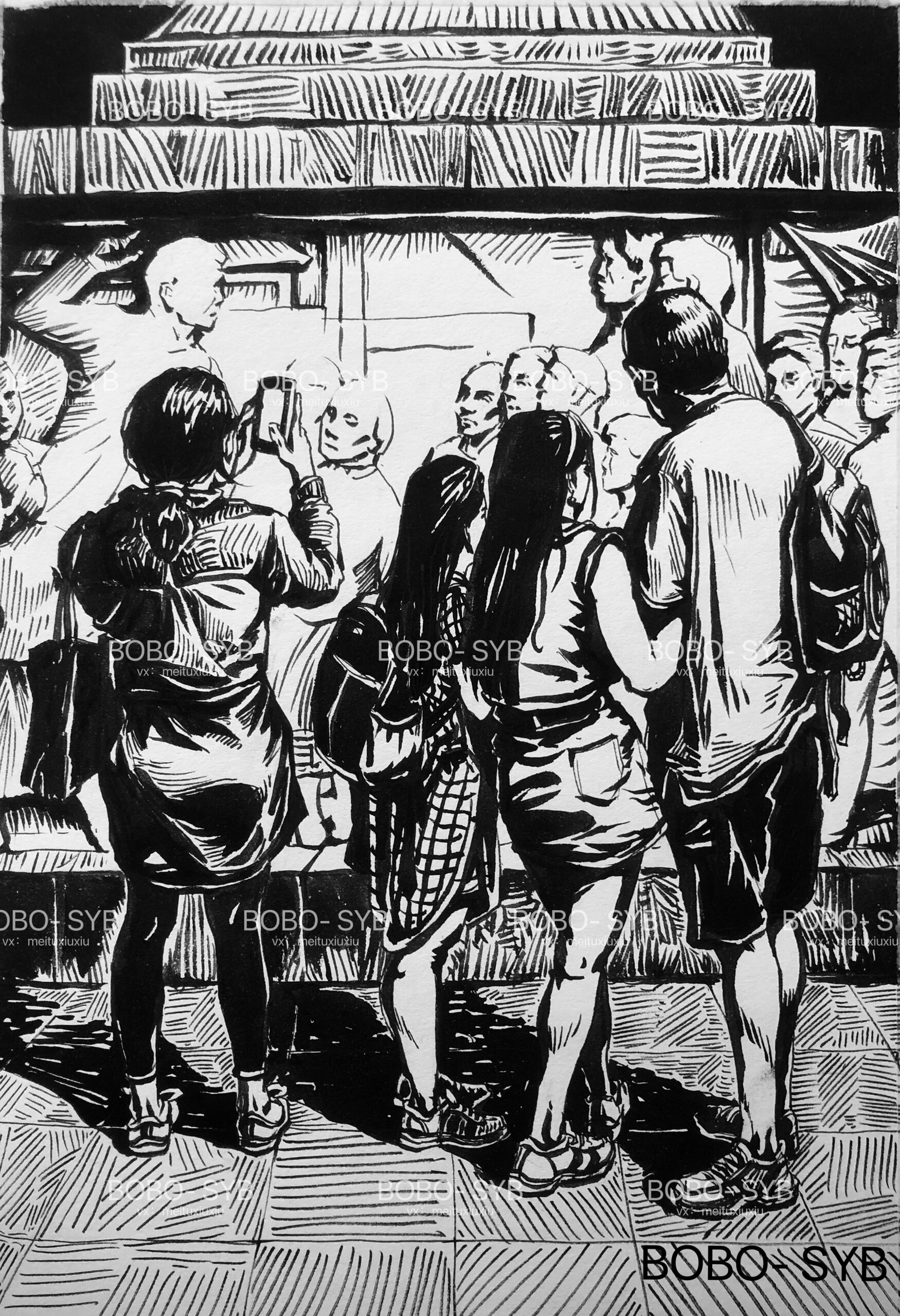 速写黑白版画场景 参观纪念碑 红色主题