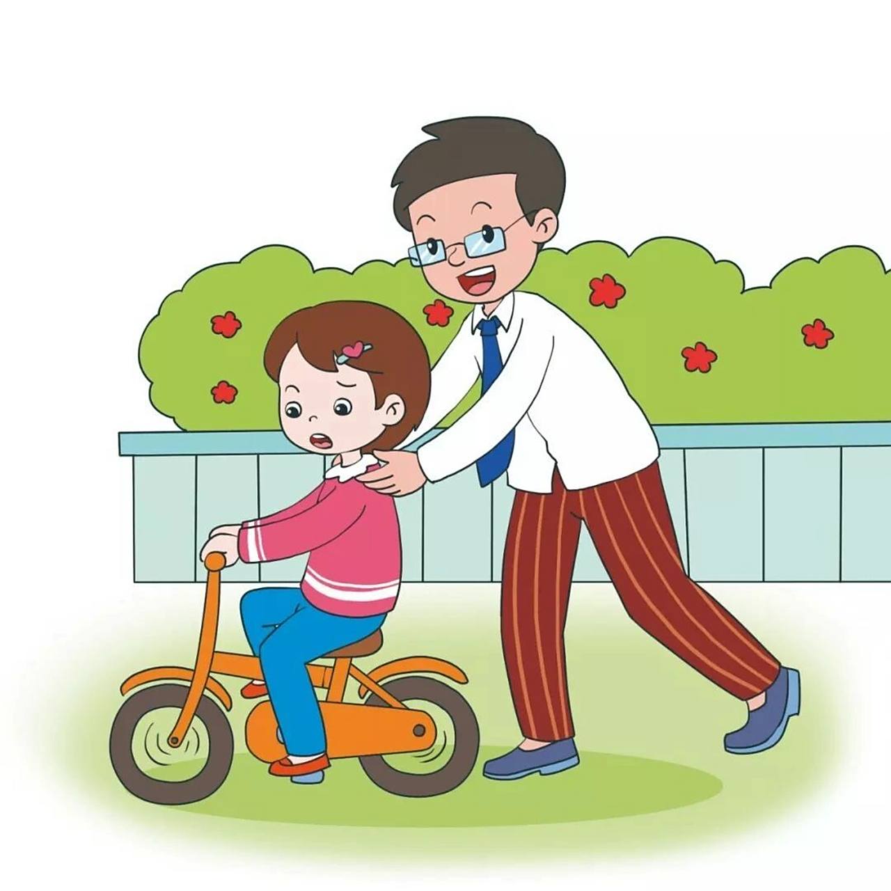 看图写话 学骑车 周日下午,风和日丽,丽丽和爸爸一起来到一条没有人烟