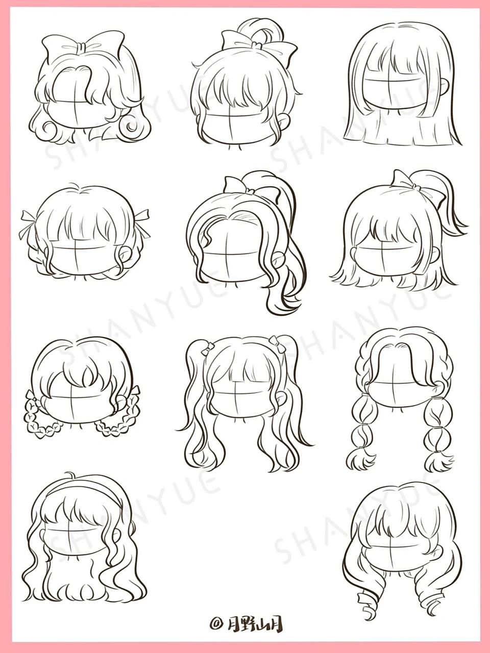 q版女生发型画法合集|女孩头发插画线稿素材 一组常见的女生发型合集