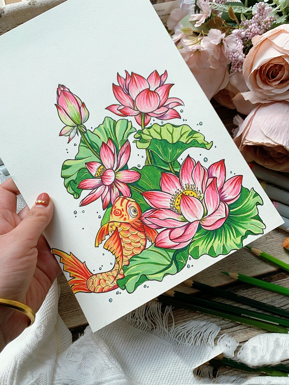 针管笔画#手绘#装饰画#马克笔#荷花#有线稿 使用工具: 99樱花针管笔