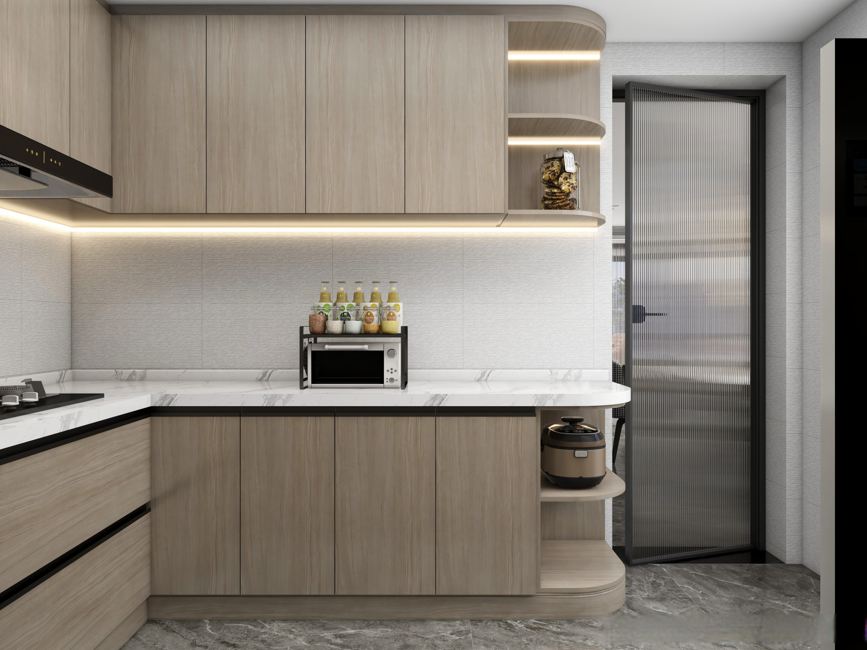 原木色橱柜配上白色墙砖,清新的气息扑面而来,你们家的厨房也可以这么