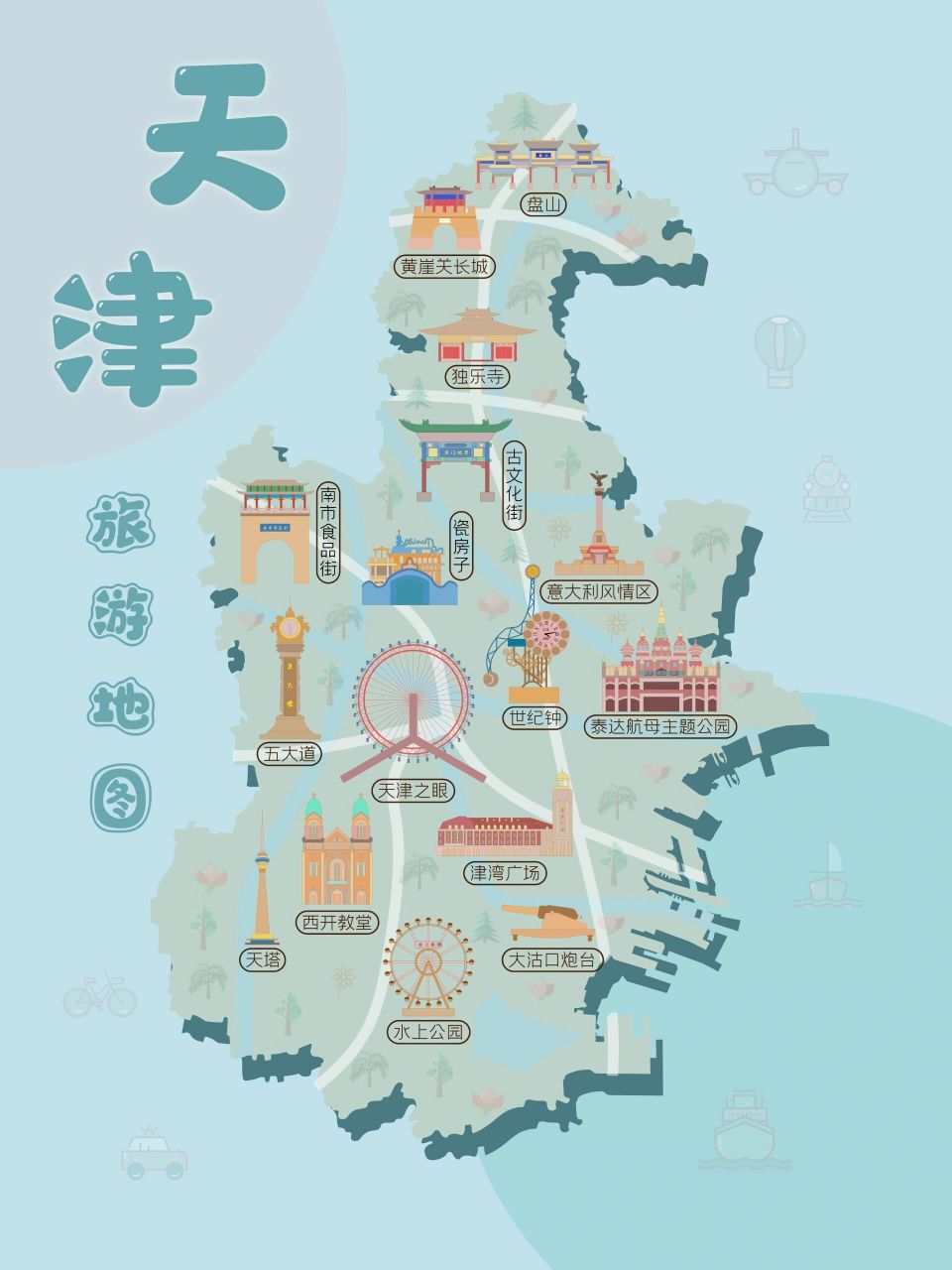 【天津市】手绘旅游地图,景点简介!