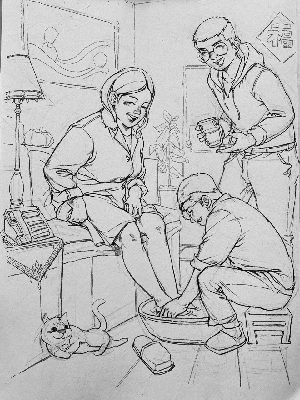 速写场景特别版-(帮妈妈洗脚) 今天是妈妈的生日,虽然我不在她身边