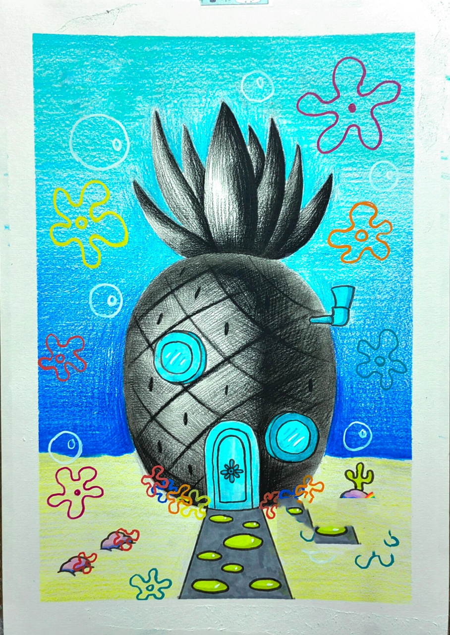 创意素描-《海绵宝宝的菠萝屋》 图片参考:海绵宝宝动画片 工具:素描