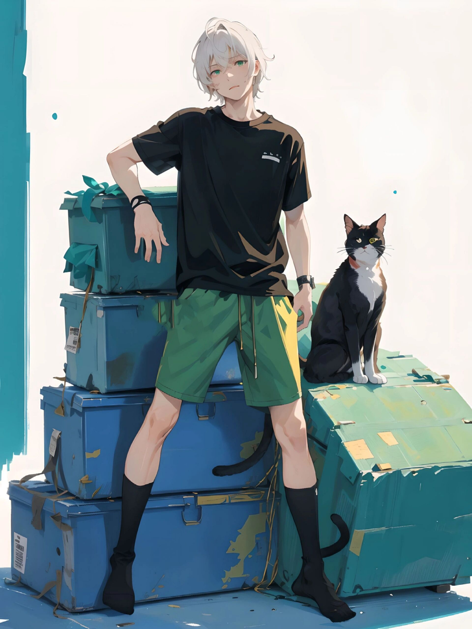 少年与猫与白袜丨绿色系少年                  图片由mewxai生成