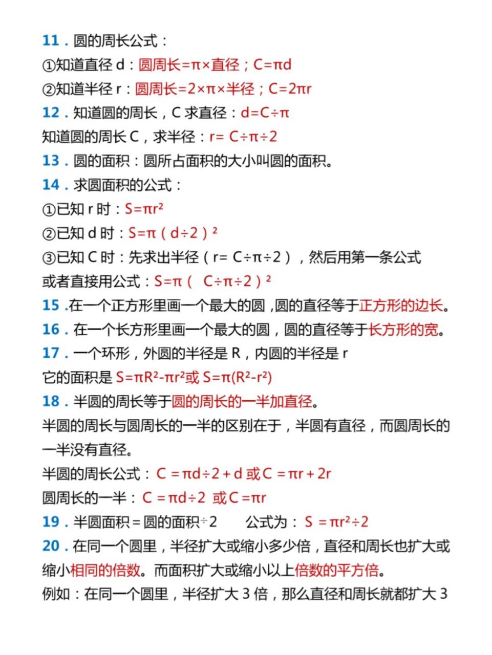 六年级上册数学重点,圆的概念及公式 #六年级数学# #小学数学# #公式#