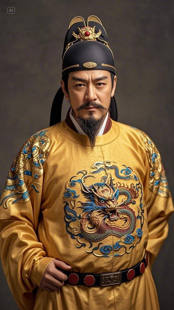 唐太宗李世民,头戴翼善冠翼善朝下,黑鬓发,淡眉,长胡须,目光有神,身着
