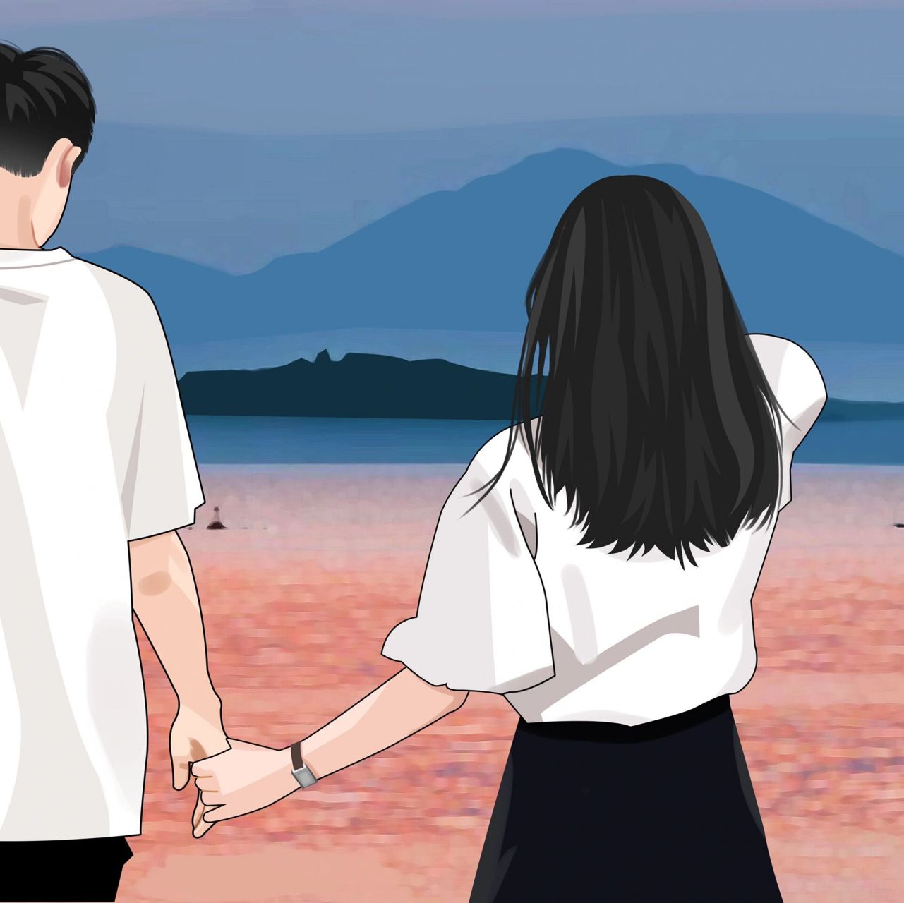 情侣牵手看海|超甜插画情头 9315做头像,礼貌拿图 0569♂15
