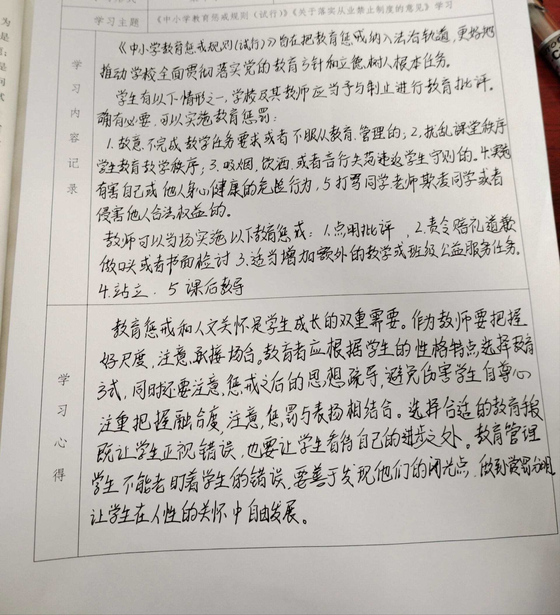 学习心得 中小学教育规则惩戒内容学习记录及心得体会记录