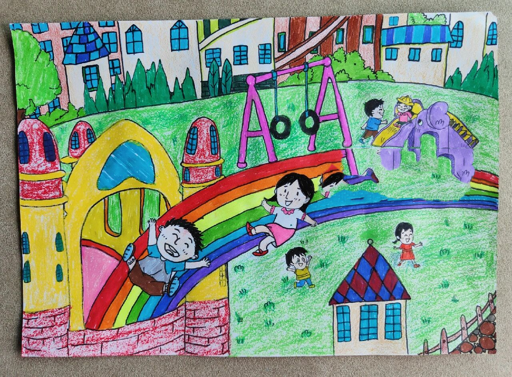 《我爱幼儿园》主题儿童画  涂色小白无奈之举,油画棒,彩铅,水彩笔都