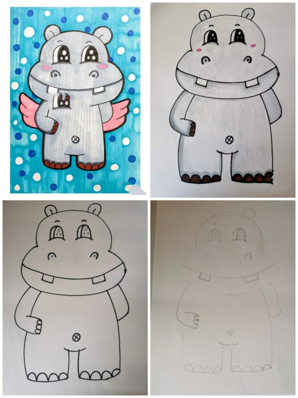 01简易儿童画 河马 简笔画 临摹@ p2临摹原图 p3马克笔上色图 p4勾线