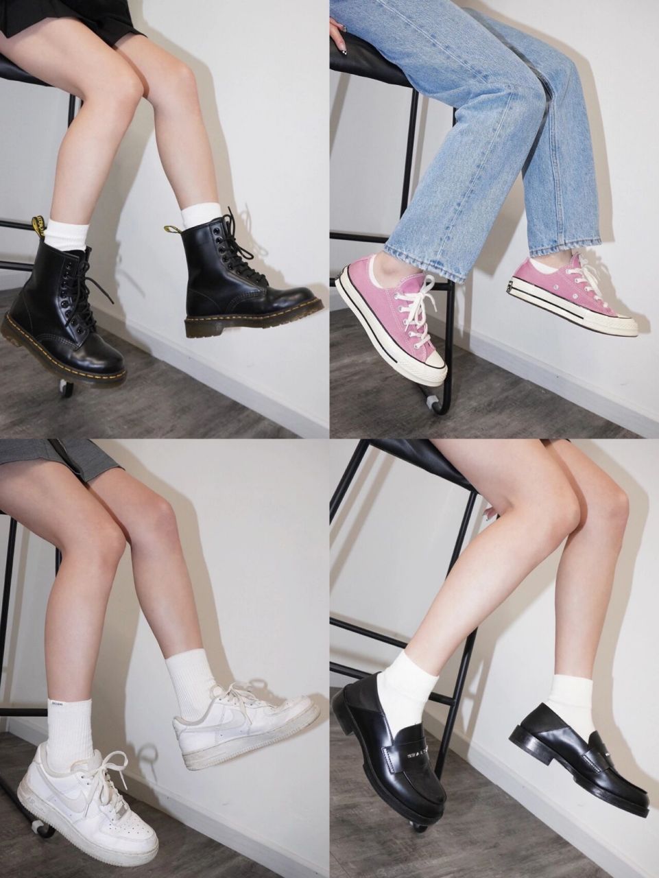 马丁靴 搭配条纹高帮长款白袜 穿上靴子的时候可以露出来一点 给整体