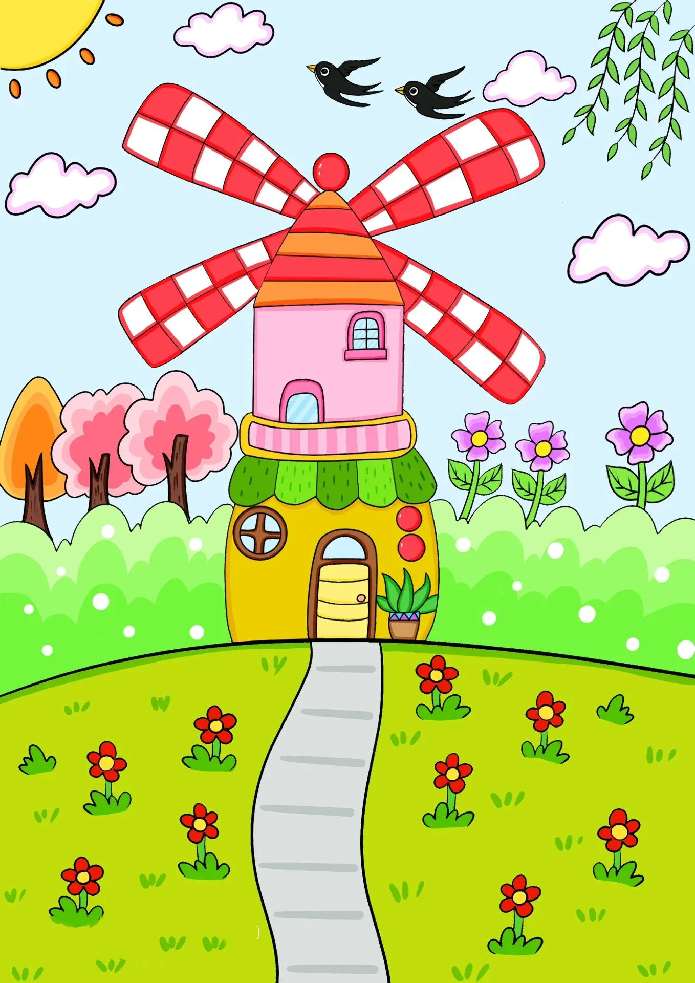 风车儿童画 风车房子卡通画 房子幼儿园画