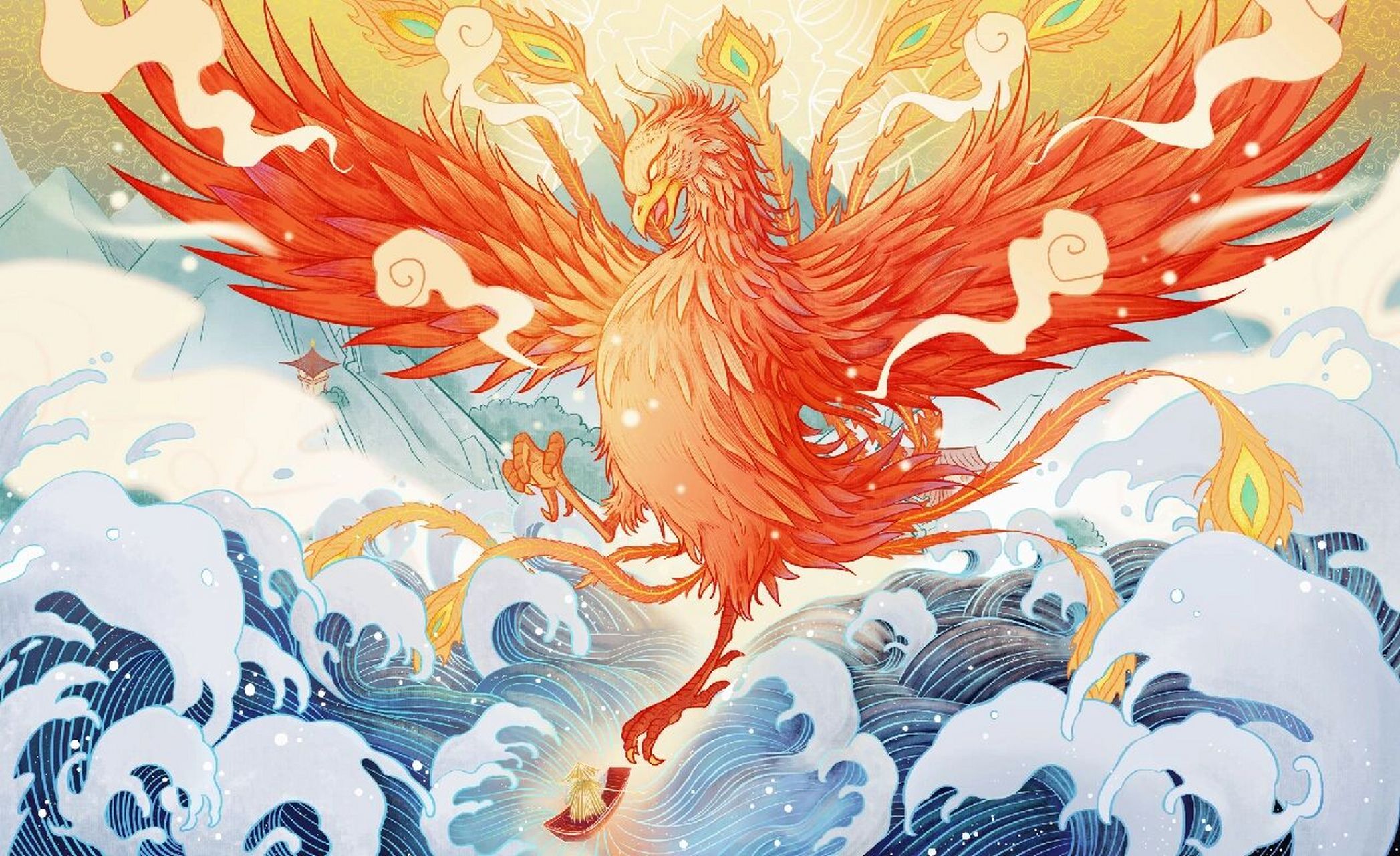 《南·朱雀》插画过程图     朱雀,红色的鸟,象征祥瑞的古典的朱雀成