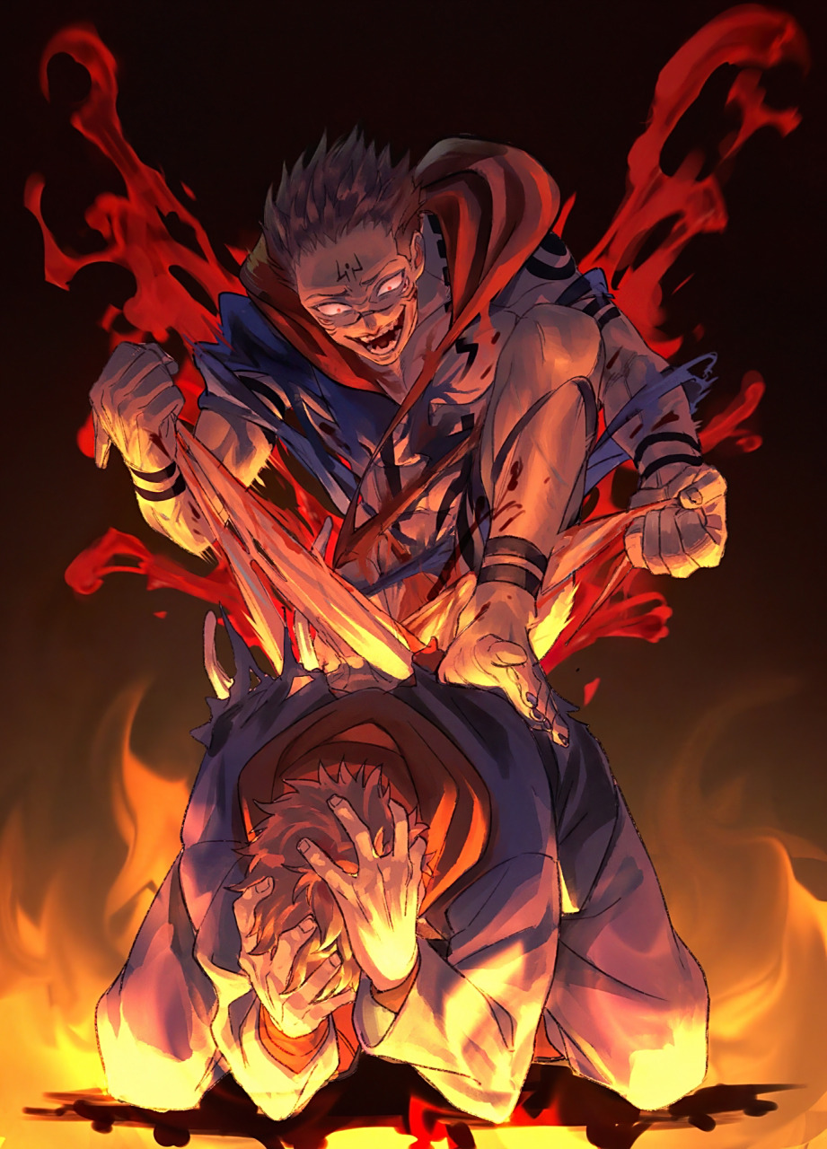 "再见了虎杖" - "受死吧宿傩"  	 图片均来自pin 如知道原作者麻烦