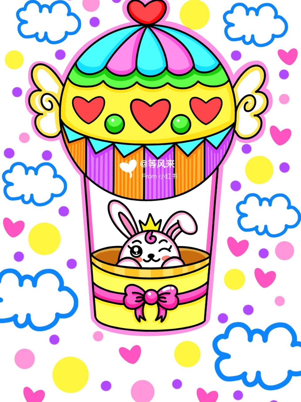 小兔子热气球 创意画 儿童画 简笔画 线稿 #创意美术儿童画# #儿童简