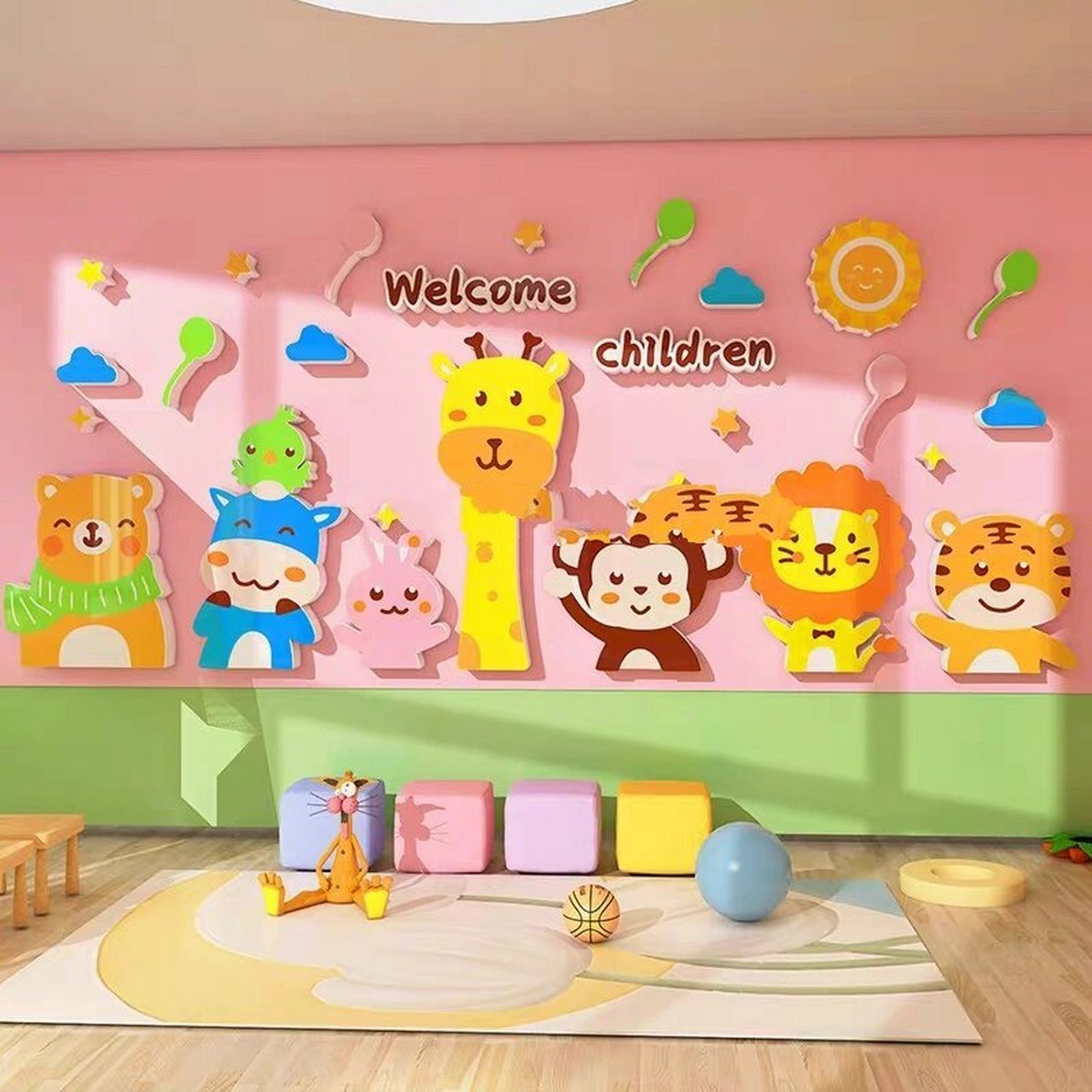 幼儿园大厅环创主题墙,欢迎小朋友森林系